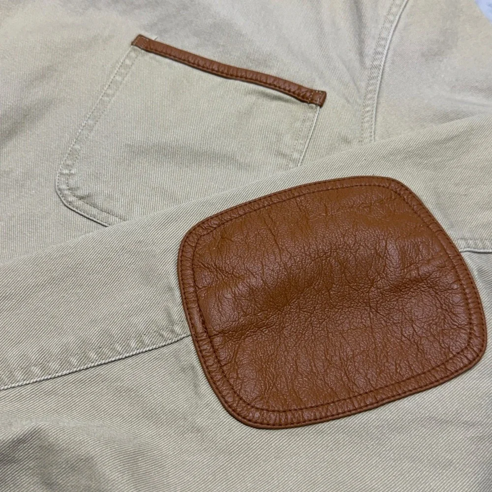 VTG Orvis Zambezi Twill Safari Field Jacket Mens 46L Tan Leather Elbow Patches